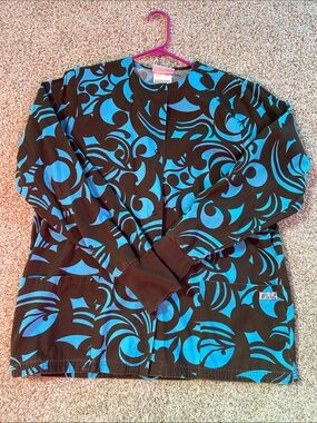 UA Scrubs Brown Jacket with Turquoise Abstract Accents